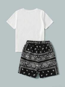 SHEIN Tween Boy Casual Loose Fit White Crew Neck T-Shirt And Black Cashew Flower Shorts Set, Suitable For School, Daily Casual Wear, Sports, Spring/Summer - Black and White - View 4