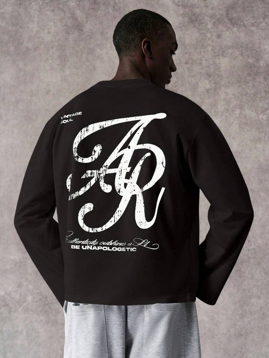 STYNVO 男士休闲时尚街头通勤字母印花落肩宽松长袖T恤，春秋季 - 黑色 - 查看 1