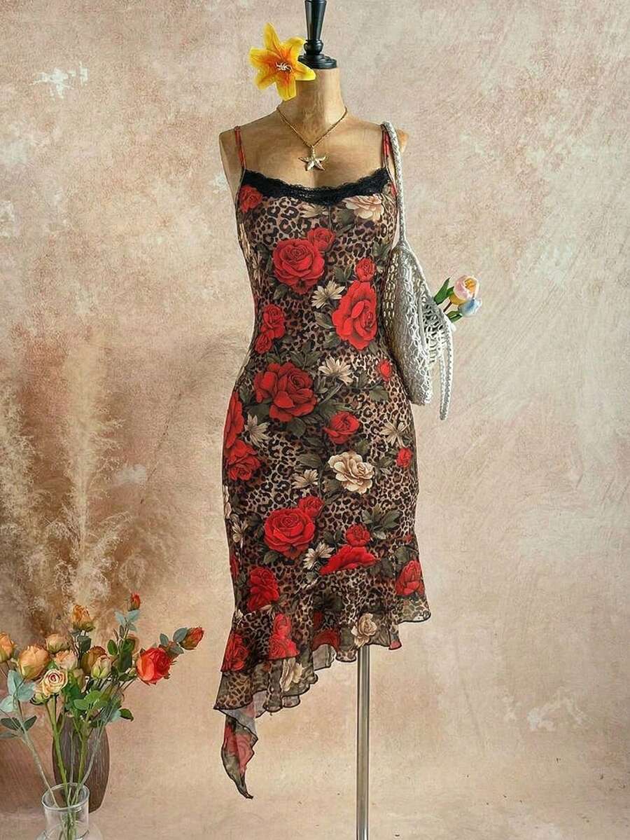 Xyvia Elegante y sexy vestido de mujer con tirantes finos, encaje y estampado de leopardo - Marrón - Ver 1