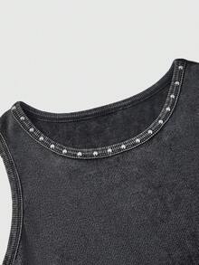 ROMWE Summer Outfits Festival Wear Plus Size Casual Sexy 22 Rib Knit Sleeveless Cropped Tank Top, Dinner Gray - Grey - View 3