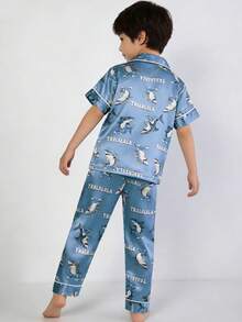2pcs Young BoyCute Shark Graphic Print Short Sleeve Polo Collar Cardigan And Pants Casual Comfortable Homewear Set - Blue - View 3