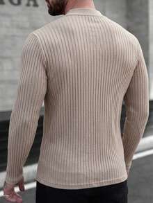 Men's Solid Casual Ribbed Button Front Great Quality Polo Neck Long Sleeve Top - Beige - View 2