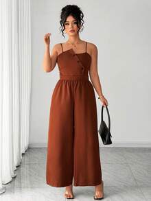Elenzga Combinaison ample pour femmes grande taille, nouvelle élégante d'été sans manches avec décoration de boutons. Combinaison rétro mode taille haute amincissante avec décoration de boutons. Convient pour le port casual quotidien, les sorties de week-end, les courses, les rassemblements entre amis ou les vacances - Tabac - Voir 3