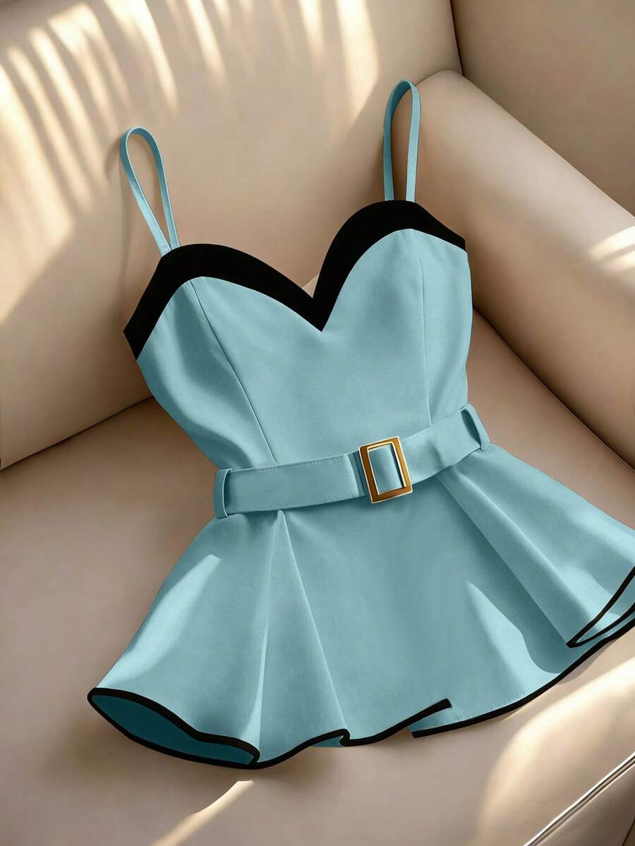 SHEIN Franclia Women's Light Blue,Summer,Elegant,Party Camisole,Black & White Patchwork Sweetheart Neck Ruffle Strap Top With Gold Buckle Waist Belt,Campus Style - Baby Blue - View 1