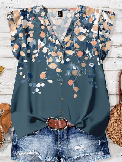 EMERY ROSE Plus Size Women Summer Casual Vacation Floral Print V-Neck Ruffle Armhole Button Decor Blouse New Arrival Blouse Casual Modern Tops Blouse For Women Blouses For Women Latest Tops For Women