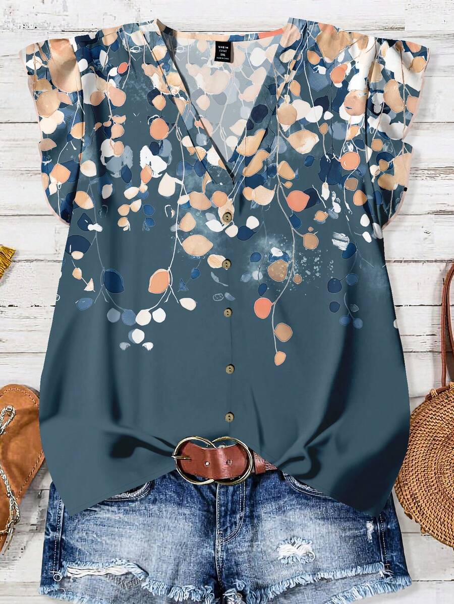 EMERY ROSE 大码女式夏季休闲度假印花V领荷叶边袖口纽扣装饰衬衫 - 彩色 - 查看 1