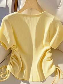 Franclia 女式纯色 V 领短袖抽绳单排扣休闲 T 恤，夏季 - 黃色 - 查看 2