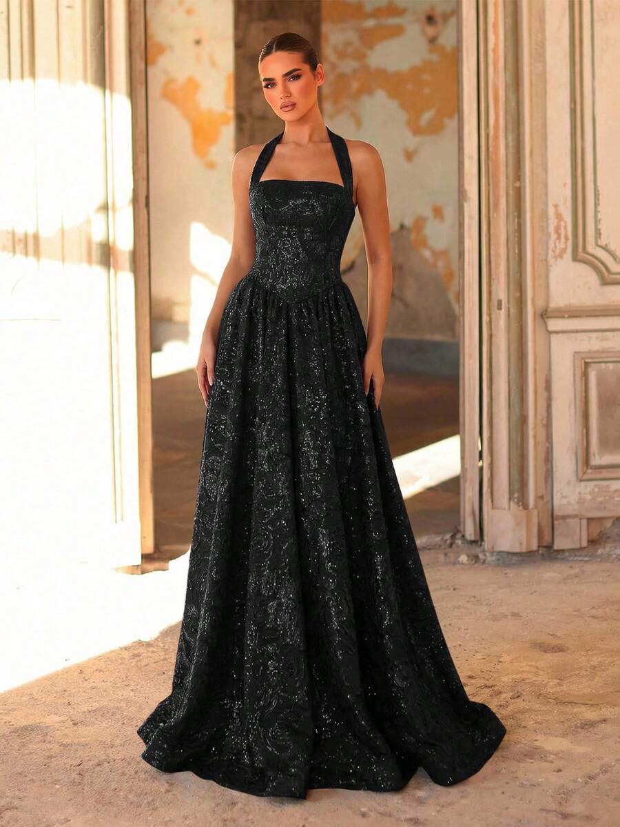 Glamrae Rochie elegantă, romantică, la modă, din material jacquard negru, rochie de seară formală, rochie de seară elegantă, rochie de mireasă, rochie de seară formală, rochie de seară elegantă, rochie de mireasă de onoare - Negru - Vizualizare 1