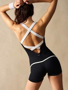 VARSIVA Women's Polka Dot Print Patchwork Camisole Romper - Black and White - View 11