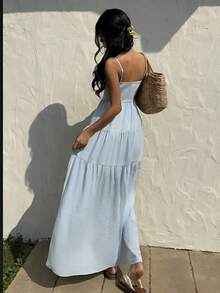 Sunnyshic 蜜桃纹理面料抽绳褶皱吊带背心宽松显瘦度假风无袖连衣裙 - 霧霾藍 - 查看 2