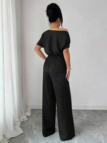 Elenzga 优雅新款都市时尚女装春夏藏蓝色不对称单肩金属扣腰阔腿裤，适合日常穿着、婚礼、晚宴、通勤、毕业派对、节日、约会、聚会、万圣节、圣诞节、新年、感恩节、婚礼女士两件套 - 黑色 - 查看 2