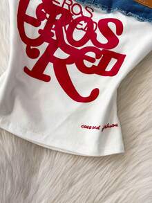 Resyla Áo quây nữ gợi cảm in chữ, họa tiết denim, dễ thương và thời trang, phong cách Y2K. - Nhiều màu - Xem 4