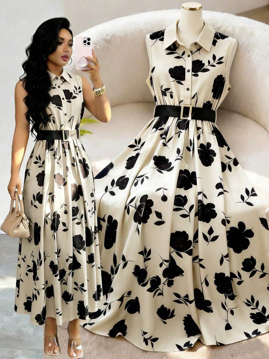 Elenzga Women's Elegant Summer Floral Maxi Dress,Beige Tea Party Fashion Commuter Button Waist Belt Metal Buckle Lapel Vest Casual Holiday Spring Dress - Multicolor - View 1
