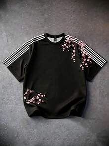 Manfinity EMRG 男士休闲樱花印花条纹拼接短袖T恤，夏季 - 彩色 - 查看 1