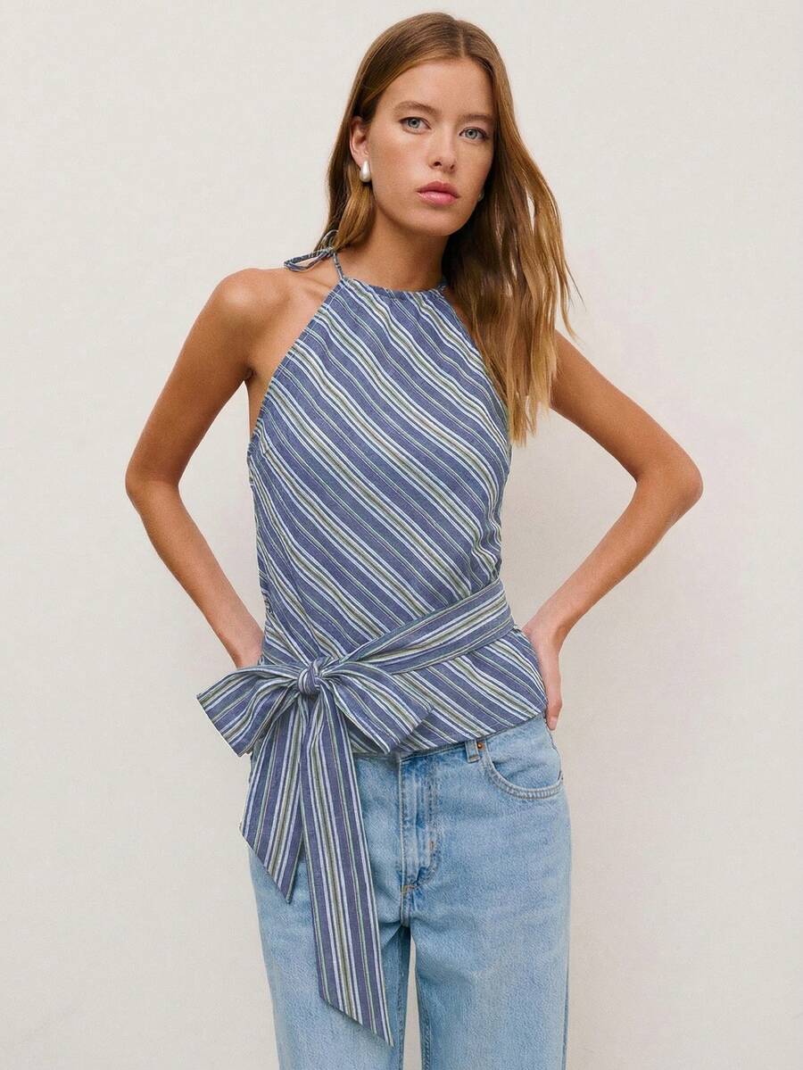 Nöista 这款条纹露背无袖上衣采用优雅的不对称条纹设计，融合了波西米亚风的休闲感和都市时尚感。非常适合夏季和度假穿着，是追求舒适与时尚女性的理想之选。 - 藍色 - 查看 1