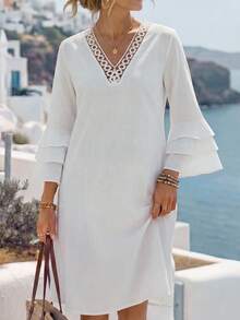 EMERY ROSE 女士休闲纯色喇叭袖短连衣裙 - 白色 - 查看 3