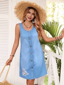 Breezaya 女士花卉刺绣单排扣休闲无袖牛仔连衣裙 - 藍色 - 查看 5