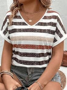 EMERY ROSE Áo thun nữ cỡ lớn, kiểu dáng mới về mùa xuân/hè, họa tiết sọc ombre, cổ chữ V, tay ngắn, cổ tay xắn, phong cách thường ngày, đa năng. - Nhiều màu - Xem 4