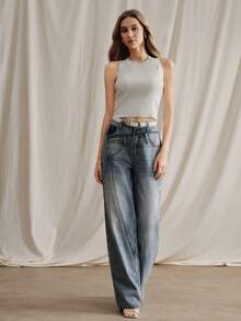 Anewsta 女士优雅浪漫度假派对蓝色拼接直筒牛仔裤，春夏款 - 藍色 - 查看 5