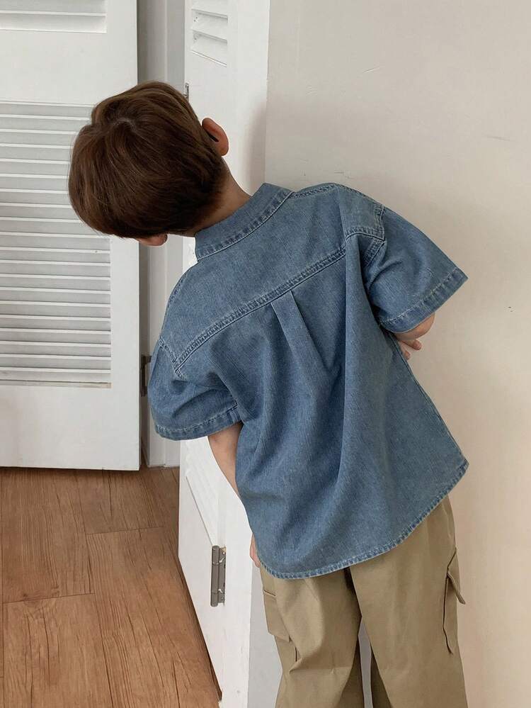 Young Boy Drop Shoulder Short Sleeve Front Button Casual Denim Shirt, Versatile Summer