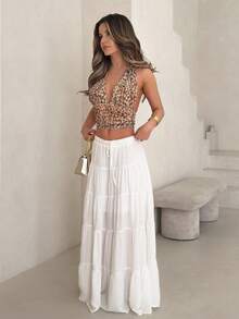 Jemour Damen neuer beiger langer Maxi-Rock für Frühling/Sommer, Leinenstoff, eleganter, legerer plissierter A-Linien Glockenrock im Boho-Stil für den Urlaub - Weiss - Übersicht 8