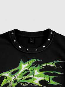 ROMWE MEN Street Life Men's Rivet Decor Printed Loose Fit Tank Top - Black - View 2