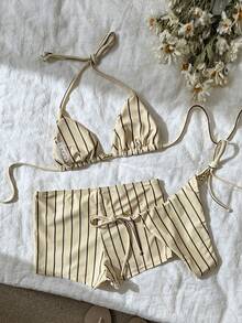 Swim Mod Women's Summer Beach Striped Halter Tie Sexy Bikini Swimsuit Set - Multicolor - View 4