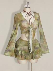 SHEIN ICON Vintage Distressed Print Open Front Mesh Top With Layered Ruffle Hem Skirt 2 Pieces Set For Women - Green - View 6