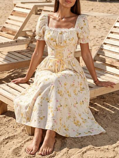 Swim Vcay 浪漫碎花拼布蕾丝领泡泡袖长袖收腰前开襟优雅连衣裙，度假装度假装女裙女式生日装女式连衣裙生日