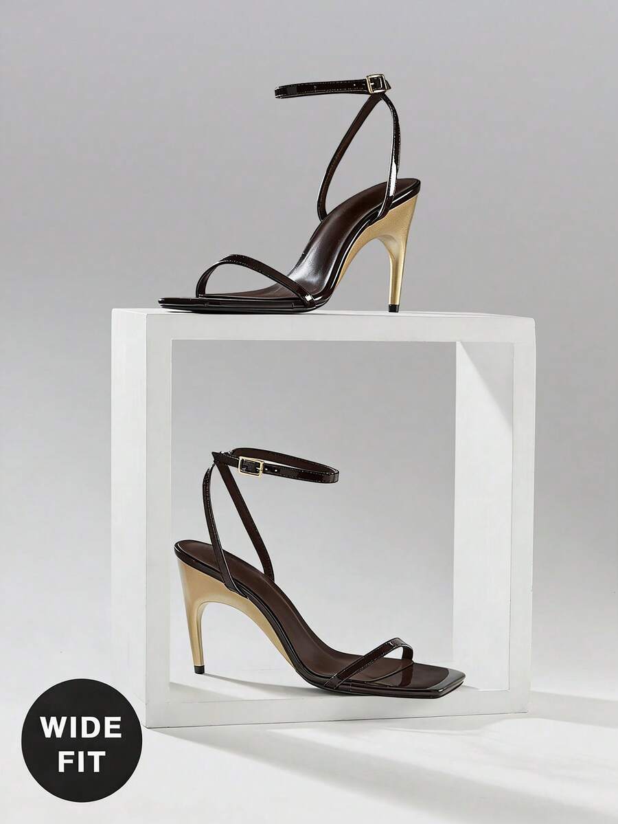 SHUZIA Women's Wide-Fit Elegant Minimalist Square Toe Ankle Strap Stiletto Heel Sandals - Coffee Brown - View 1