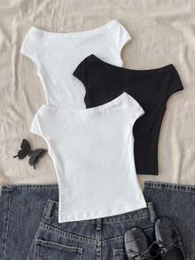 3pcs Off Shoulder Short Sleeve T-Shirt Set,White With Black Polka Dots,Summer,Y2K,School,Back-To-School Musical Note Floral Print Cropped Fit Top - Black and White - View 2