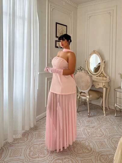 Lyrianda 大码女装春夏法式浪漫西西里优雅休闲通勤度假下午茶情人节派对纯黑色吊带飘逸透视网纱修身A字长裙