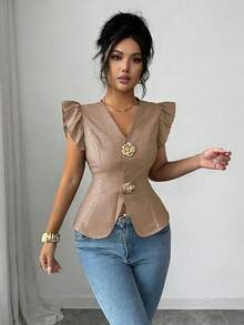 SHEIN Elenzya Elegante Damenbluse in Unifarbe mit Metallschließe, V-Ausschnitt und Volantärmeln, raffinierte Damenbluse - Braun - Übersicht 5