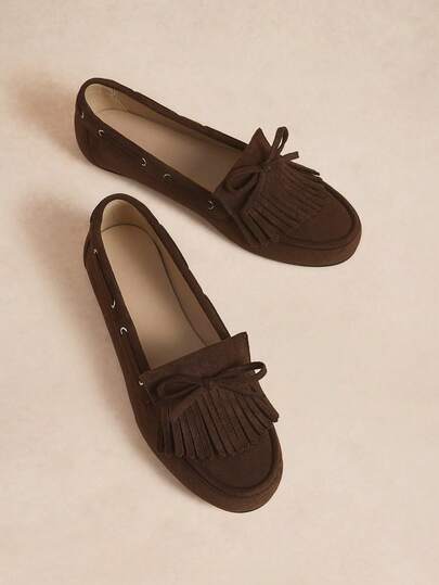 Rosivie Zapatos de mujer nuevos con punta redonda, suela plana, fleece de color café, borlas y moño. Zapatos planos de mujer de moda, sencillos y cómodos, tipo mocasín francés con suela plana