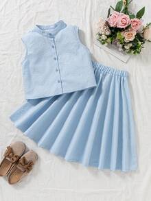 Elladie kids 少女浅蓝色调T恤套装，采用精致纹理面料，无袖立领设计，纽扣前襟，短款版型，搭配高腰A字中长裙，自然褶裥，适合春秋季穿着。 - 藍色 - 查看 3