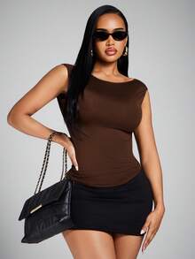 Radiana Seksi Chic Coffee Brown Summer Backless Sleeveless Top For Women,Metal Chain Decor Open Back Knit Top,Elegant Fitted Club Night Party Shirt - Brown - View 3