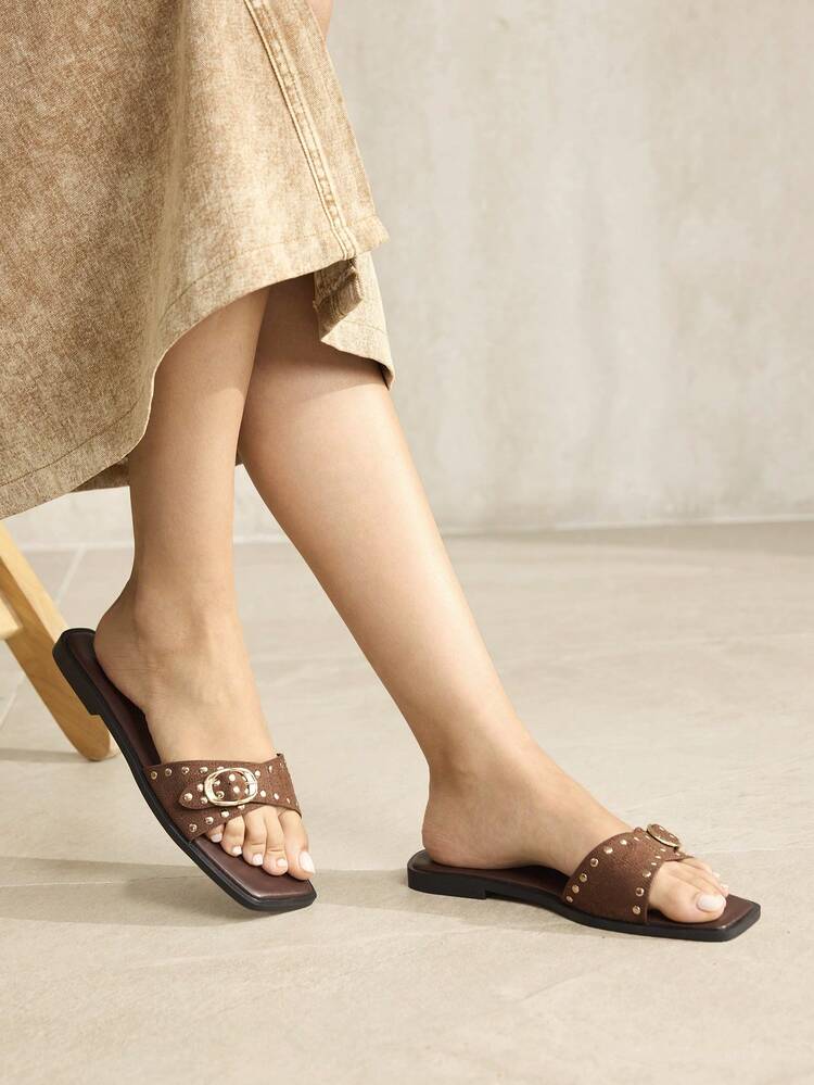 WOMEN'S SOLID COLOR SQUARE TOE RIVET DECOR FLAT SANDALS SPRING SHOES SUMMER SHOES