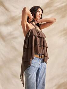 Easelle Áo kiểu cổ yếm hở lưng, vạt bất đối xứng, chất liệu chiffon màu nâu dành cho nữ. - màu nâu - Xem 6