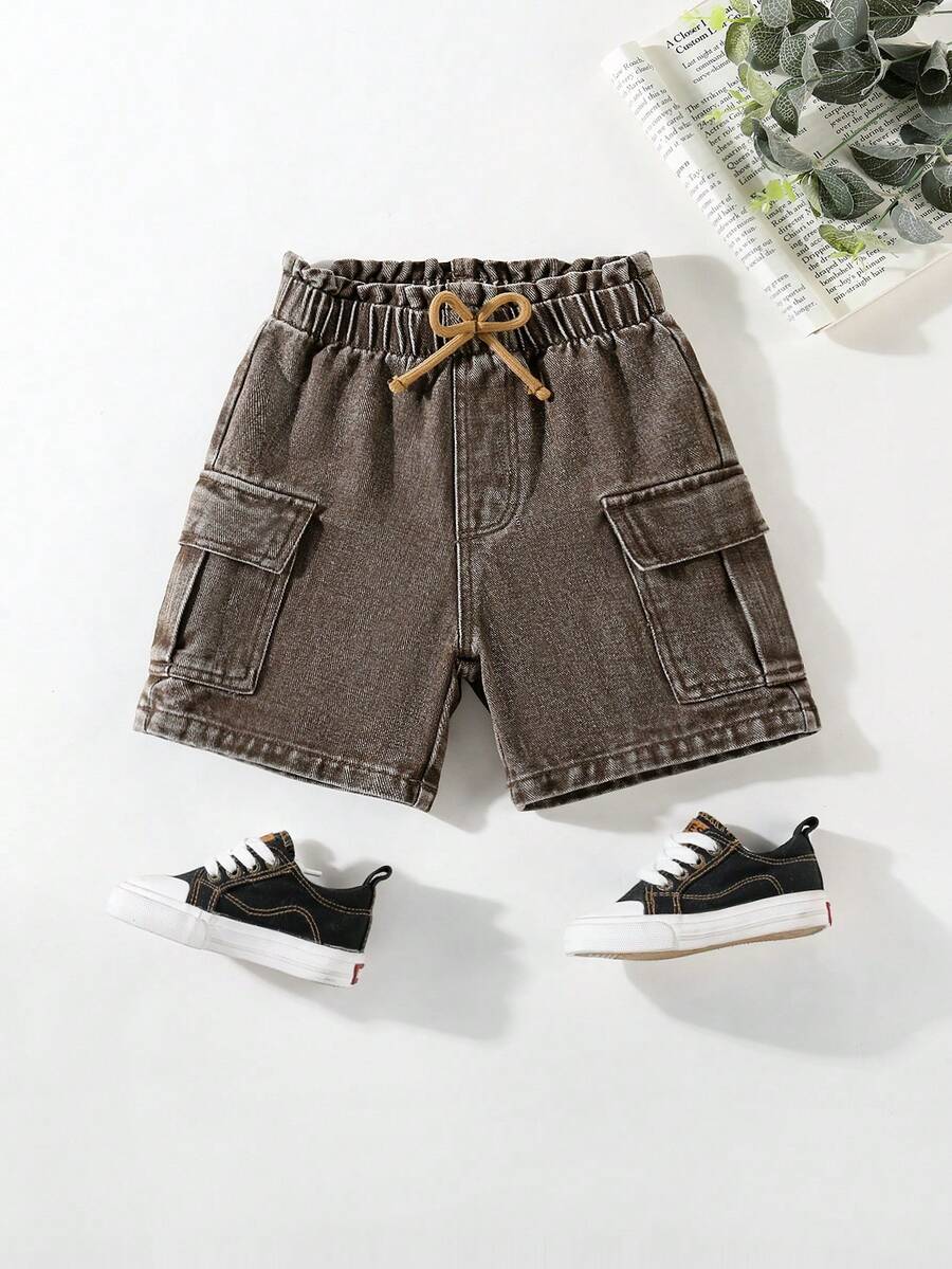 Genkimix Kids Kleine Jungen Casual Jeans Shorts, khakifarben, Frühling/Sommer, Kordelzug Dekoration, Cargo Taschen, weite Passform, weiches & bequemes Material, modischer Alltags-Look