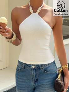 Aloruh 女士纯白色波西米亚风舒适棉质串珠装饰修身背心，休闲上衣 - 白色 - 查看 3