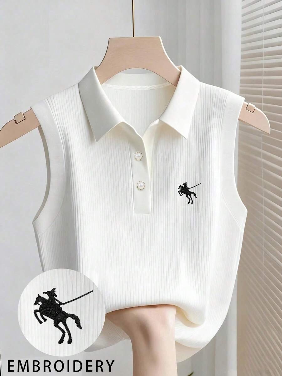 Resyla Áo tank top nữ cổ polo thêu họa tiết hiệp sĩ, chất liệu gân, thích hợp mặc hàng ngày/mùa hè. - Nhiều màu - Xem 1