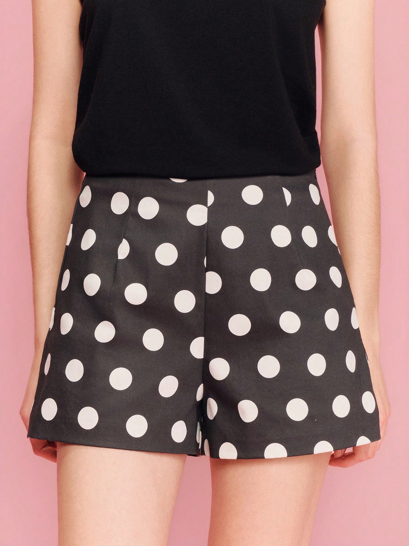 Black Polka Dot Print High Waisted Shorts Chic Shorts Polkadot Outfit Vintage Spring Summer French Style Parisian Style Polka Dot Shorts