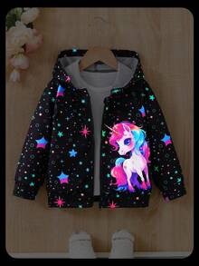 SHEIN 小女孩独角兽和星星夜光图案连帽长袖夹克，秋冬时尚休闲运动服独角兽夹克女童夹克 - 彩色 - 查看 3