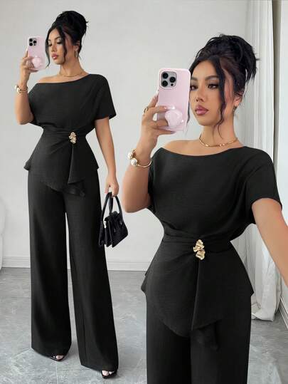 Elenzga Elegant New Urban Fashion Women's Spring/Summer Navy Asymmetric One Shoulder Metal Buckle Waist Wide-Leg Pants, Suitable For Daily Wear, Weddings, Galas, Commuting, Graduation Parties, Holidays, Dates, Parties, Halloween, Christmas, New Year, Thanksgiving, Wedding Ladies Two Pieces Set