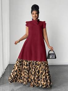 Maweii Plus Size Women Elegant Vintage Lace Patchwork Sleeveless Dress - Burgundy - View 7