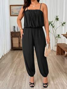 SHEIN LUNE Plus Size Brown Lace Contrast Mesh Camisole Jumpsuit, Women's Cinched Waist Bowknot Hem Sleeveless Yoga Casual Jumpsuit, Summer, Everyday Gym - Black - View 8