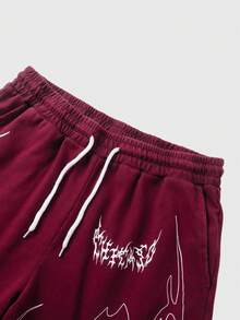 ROMWE MEN Street Life Pantalones cortos sueltos con estampado de llamas y cordón en la cintura para adolescentes - Burdeos - Ver 3