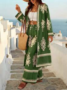 Breezaya 秋季复古图案女式上衣和裤子两件套 - 綠色 - 查看 4