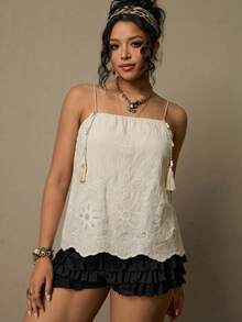 Freevana Bohemian Beige Floral Embroidered Hollow-Out Camisole Top, Hollow Floral Pattern Cropped Tank, Shell Tassel Chain Decor, Vacation Style Slimming Elegant Spaghetti Strap - Beige - View 3