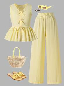 SHEIN Sparklyn 柔软少女无袖蝴蝶结纽扣上衣搭配长裤，两件套，适合外出和海滩度假 - 黃色 - 查看 3